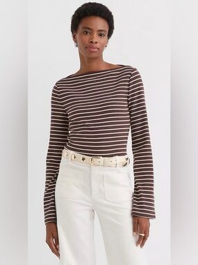 Loft Stripe Ribbed Flare Sleeve Boatneck Top in Roasted‎ Walnut Color Size M